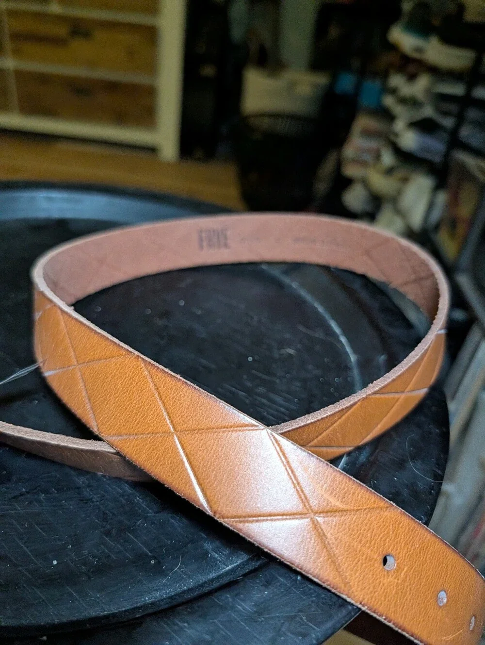 Frye Cognac Brown Leather Diamond Embossed Belt Antique Brass Buckle NWT Size L